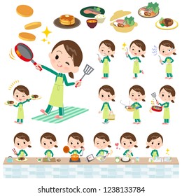 A set of women in sportswear about cooking.There are actions that are cooking in various ways in the kitchen.It's vector art so it's easy to edit.