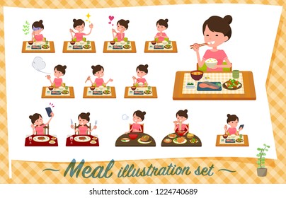 A set of women in sportswear about meals.Japanese and Chinese cuisine, Western style dishes and so on.It's vector art so it's easy to edit.