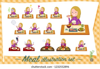 A set of women in sportswear about meals.Japanese and Chinese cuisine, Western style dishes and so on.It's vector art so it's easy to edit.