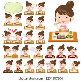 A set of women in sportswear about meals.Japanese and Chinese cuisine, Western style dishes and so on.It's vector art so it's easy to edit.