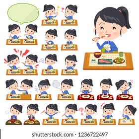 A set of women in sportswear about meals.Japanese and Chinese cuisine, Western style dishes and so on.It's vector art so it's easy to edit.