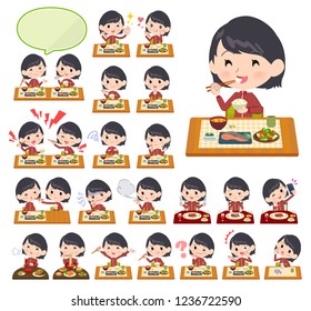 A set of women in sportswear about meals.Japanese and Chinese cuisine, Western style dishes and so on.It's vector art so it's easy to edit.