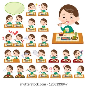 A set of women in sportswear about meals.Japanese and Chinese cuisine, Western style dishes and so on.It's vector art so it's easy to edit.