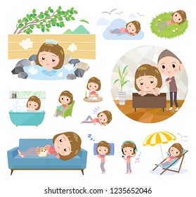A set of women in sportswear about relaxing.There are actions such as vacation and stress relief.It's vector art so it's easy to edit.