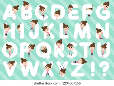 A set of women in sportswear designed with alphabet.Characters with fun expressions pose various poses.It's vector art so it's easy to edit.