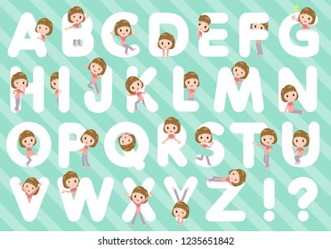 A set of women in sportswear designed with alphabet.Characters with fun expressions pose various poses.It's vector art so it's easy to edit.