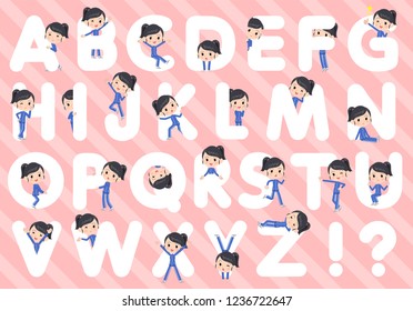 A set of women in sportswear designed with alphabet.Characters with fun expressions pose various poses.It's vector art so it's easy to edit.