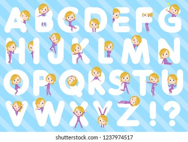 A set of women in sportswear designed with alphabet.Characters with fun expressions pose various poses.It's vector art so it's easy to edit.