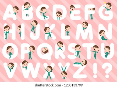 A set of women in sportswear designed with alphabet.Characters with fun expressions pose various poses.It's vector art so it's easy to edit.