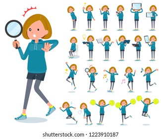 A set of women in sportswear with digital equipment such as smartphones.There are actions that express emotions.It's vector art so it's easy to edit.