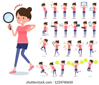 A set of women in sportswear with digital equipment such as smartphones.There are actions that express emotions.It's vector art so it's easy to edit.