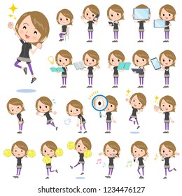 A set of women in sportswear with digital equipment such as smartphones.There are actions that express emotions.It's vector art so it's easy to edit.