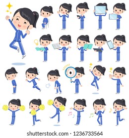 A set of women in sportswear with digital equipment such as smartphones.There are actions that express emotions.It's vector art so it's easy to edit.