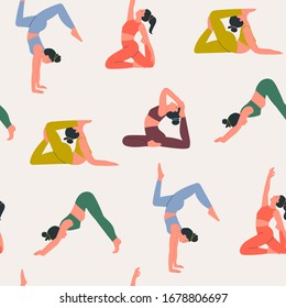 Set of women in sportswear doing Yoga. Girls in colorful clothes working out. Hand drawn colored Vector illustration. Weight Loss. Healthcare concept. Calmness and relax. Seamless pattern. Background