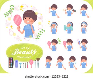 A set of women in sportswear on beauty.There are various actions such as skin care and makeup.It's vector art so it's easy to edit.