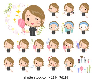 A set of women in sportswear on beauty.There are various actions such as skin care and makeup.It's vector art so it's easy to edit.