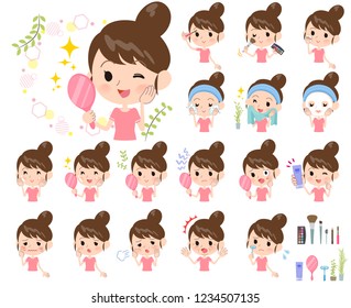 A set of women in sportswear on beauty.There are various actions such as skin care and makeup.It's vector art so it's easy to edit.