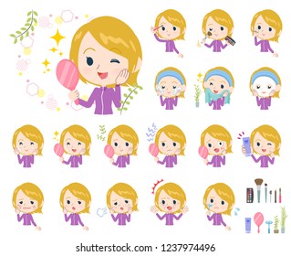 A set of women in sportswear on beauty.There are various actions such as skin care and makeup.It's vector art so it's easy to edit.