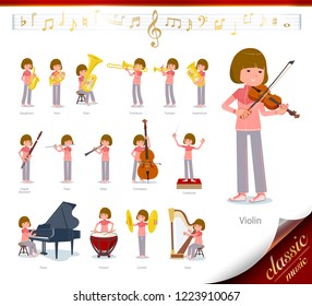 A set of women in sportswear on classical music performances.There are actions to play various instruments such as string instruments and wind instruments.It's vector art so it's easy to edit.