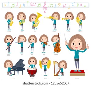 A set of women in sportswear on classical music performances.There are actions to play various instruments such as string instruments and wind instruments.It's vector art so it's easy to edit.