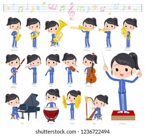 A set of women in sportswear on classical music performances.There are actions to play various instruments such as string instruments and wind instruments.It's vector art so it's easy to edit.