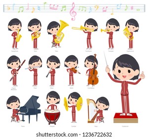 A set of women in sportswear on classical music performances.There are actions to play various instruments such as string instruments and wind instruments.It's vector art so it's easy to edit.