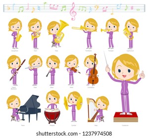 A set of women in sportswear on classical music performances.There are actions to play various instruments such as string instruments and wind instruments.It's vector art so it's easy to edit.