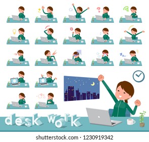 A set of women in sportswear on desk work.There are various actions such as feelings and fatigue.It's vector art so it's easy to edit.