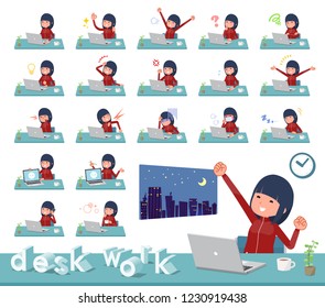 A set of women in sportswear on desk work.There are various actions such as feelings and fatigue.It's vector art so it's easy to edit.