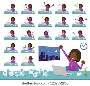 A set of women in sportswear on desk work.There are various actions such as feelings and fatigue.It's vector art so it's easy to edit.