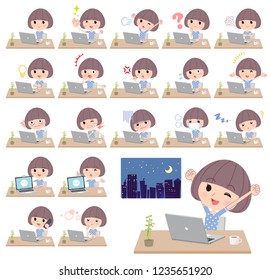 A set of women in Sportswear on desk work.There are various actions such as feelings and fatigue.It's vector art so it's easy to edit.