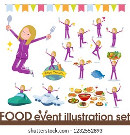 A set of women in sportswear on food events.There are actions that have a fork and a spoon and are having fun.It's vector art so it's easy to edit.