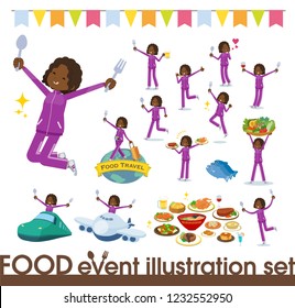 A set of women in sportswear on food events.There are actions that have a fork and a spoon and are having fun.It's vector art so it's easy to edit.
