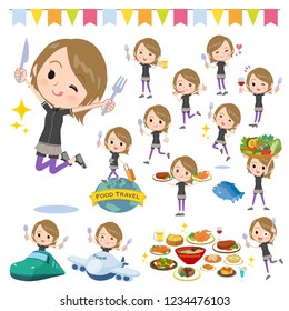 A set of women in sportswear on food events.There are actions that have a fork and a spoon and are having fun.It's vector art so it's easy to edit.