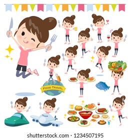 A set of women in sportswear on food events.There are actions that have a fork and a spoon and are having fun.It's vector art so it's easy to edit.