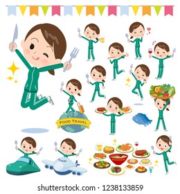 A set of women in sportswear on food events.There are actions that have a fork and a spoon and are having fun.It's vector art so it's easy to edit.