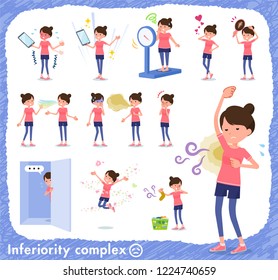 A set of women in sportswear on inferiority complex.There are actions suffering from smell and appearance.It's vector art so it's easy to edit.