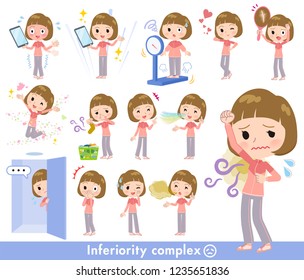 A set of women in sportswear on inferiority complex.There are actions suffering from smell and appearance.It's vector art so it's easy to edit.