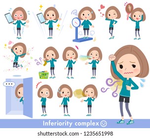 A set of women in sportswear on inferiority complex.There are actions suffering from smell and appearance.It's vector art so it's easy to edit.