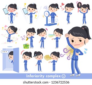 A set of women in sportswear on inferiority complex.There are actions suffering from smell and appearance.It's vector art so it's easy to edit.