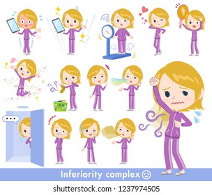 A set of women in sportswear on inferiority complex.There are actions suffering from smell and appearance.It's vector art so it's easy to edit.