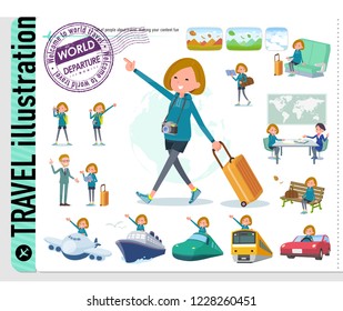A set of women in sportswear on travel.There are also vehicles such as boats and airplanes.It's vector art so it's easy to edit.