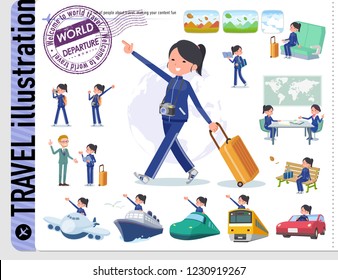A set of women in sportswear on travel.There are also vehicles such as boats and airplanes.It's vector art so it's easy to edit.