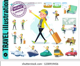 A set of women in sportswear on travel.There are also vehicles such as boats and airplanes.It's vector art so it's easy to edit.