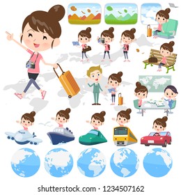 A set of women in sportswear on travel.There are also vehicles such as boats and airplanes.It's vector art so it's easy to edit.