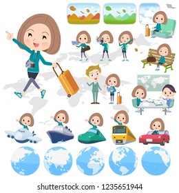 A set of women in sportswear on travel.There are also vehicles such as boats and airplanes.It's vector art so it's easy to edit.