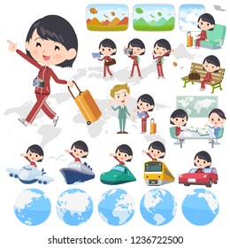 A set of women in sportswear on travel.There are also vehicles such as boats and airplanes.It's vector art so it's easy to edit.