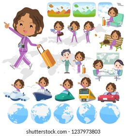 A set of women in sportswear on travel.There are also vehicles such as boats and airplanes.It's vector art so it's easy to edit.