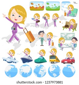 A set of women in sportswear on travel.There are also vehicles such as boats and airplanes.It's vector art so it's easy to edit.