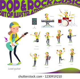 A set of women in sportswear playing rock 'n' roll and pop music.There are also various instruments such as ukulele and tambourine.It's vector art so it's easy to edit.